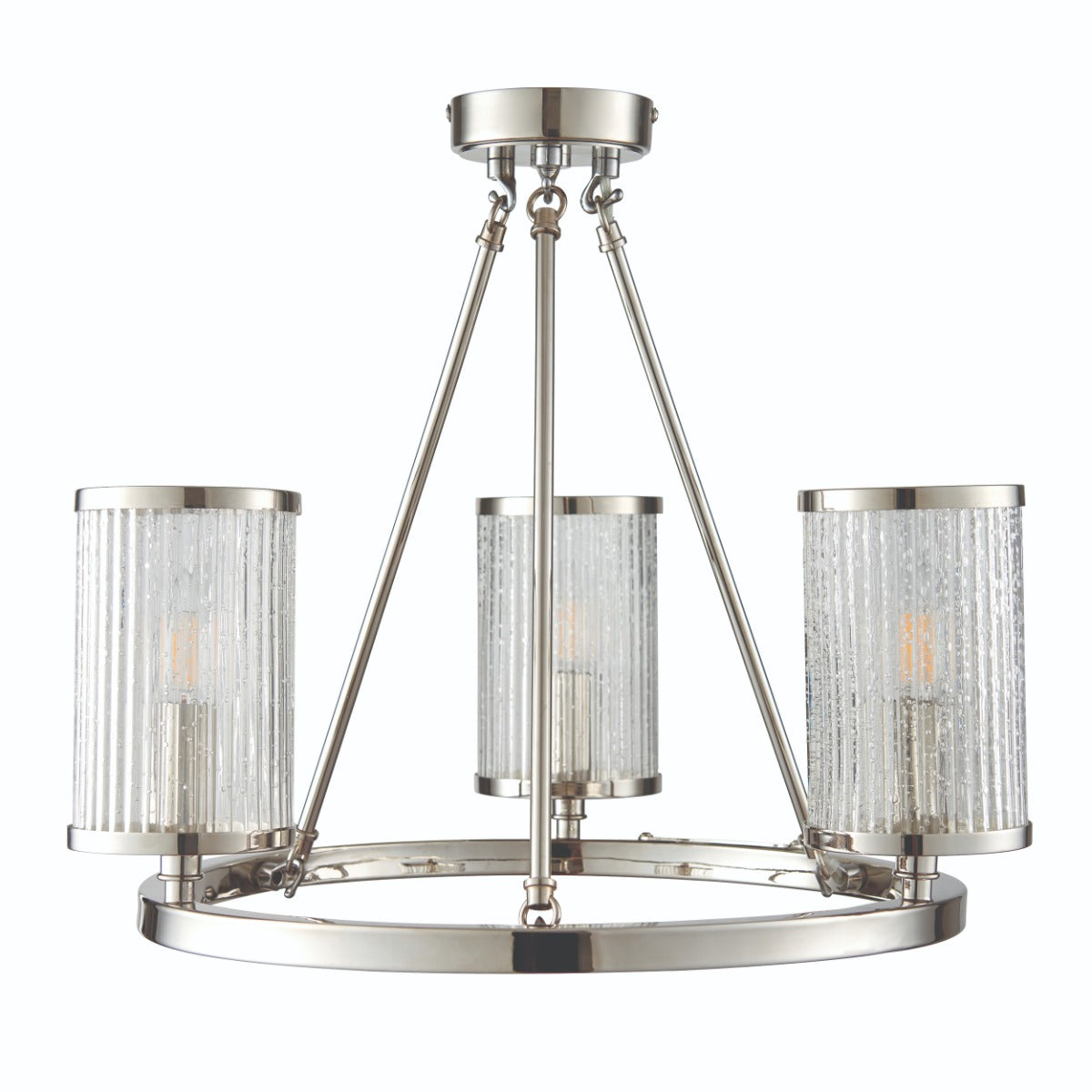 Endon Easton 3 Light Semi Flush Ceiling Light in Bright Nickel with Ribbed Bubble Glass
