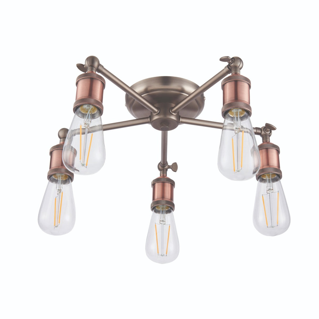 Endon Hal 5 Light Semi Flush Ceiling Light in Aged Pewter and Aged Copper 