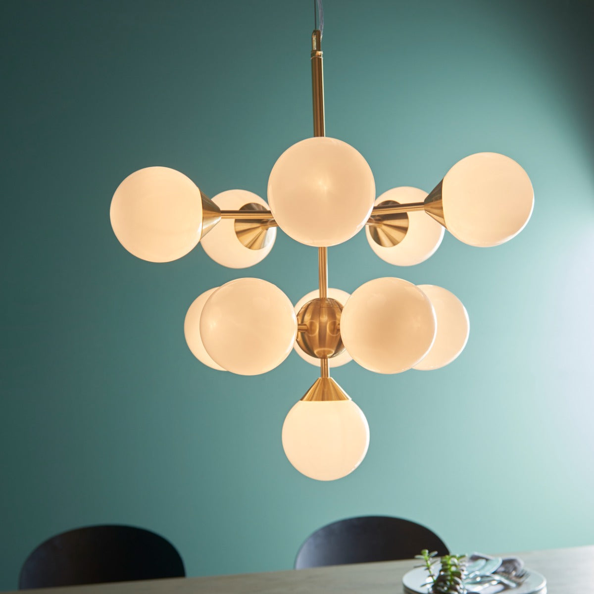 Endon Oscar 11 Light Pendant Light in Satin Brass with Gloss White Glass
