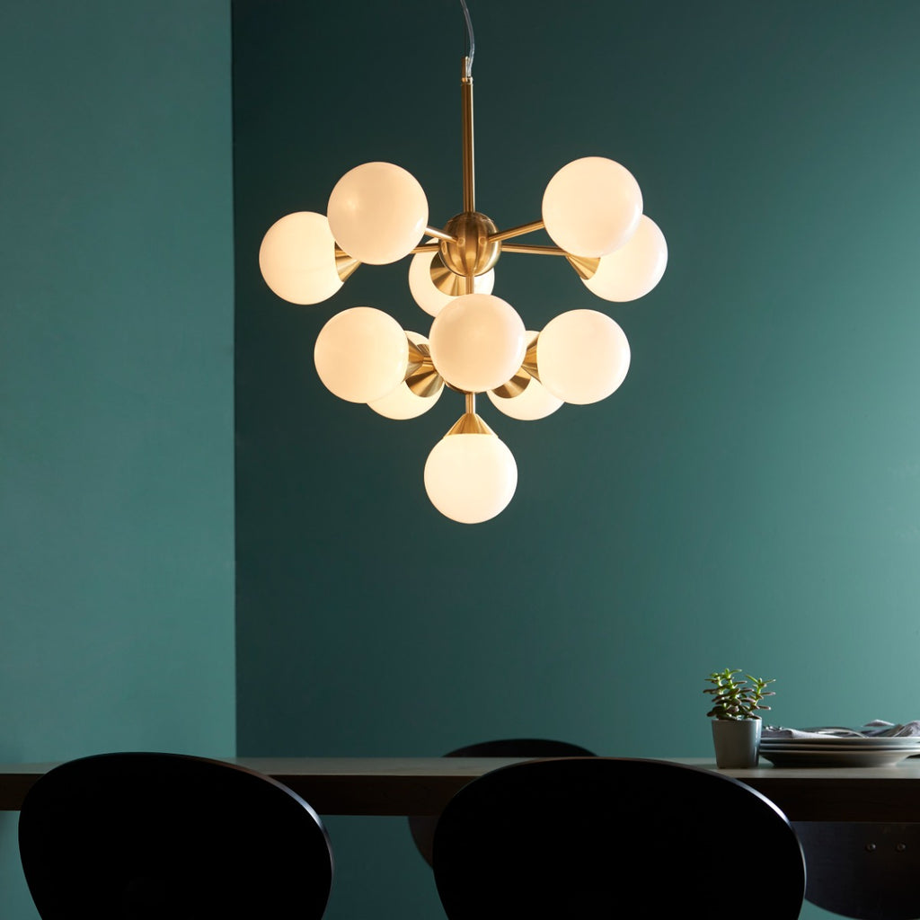 Endon Oscar 11 Light Pendant Light in Satin Brass with Gloss White Glass