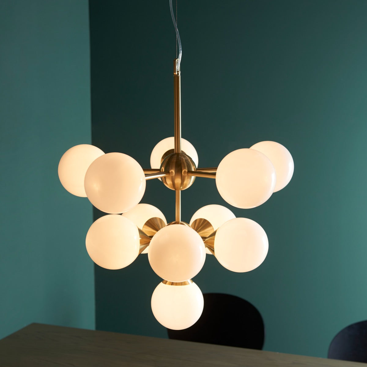 Endon Oscar 11 Light Pendant Light in Satin Brass with Gloss White Glass