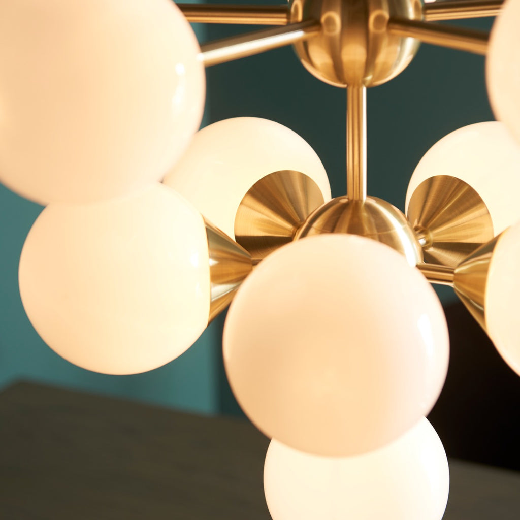 Endon Oscar 11 Light Pendant Light in Satin Brass with Gloss White Glass