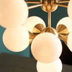 Endon Oscar 11 Light Pendant Light in Satin Brass with Gloss White Glass