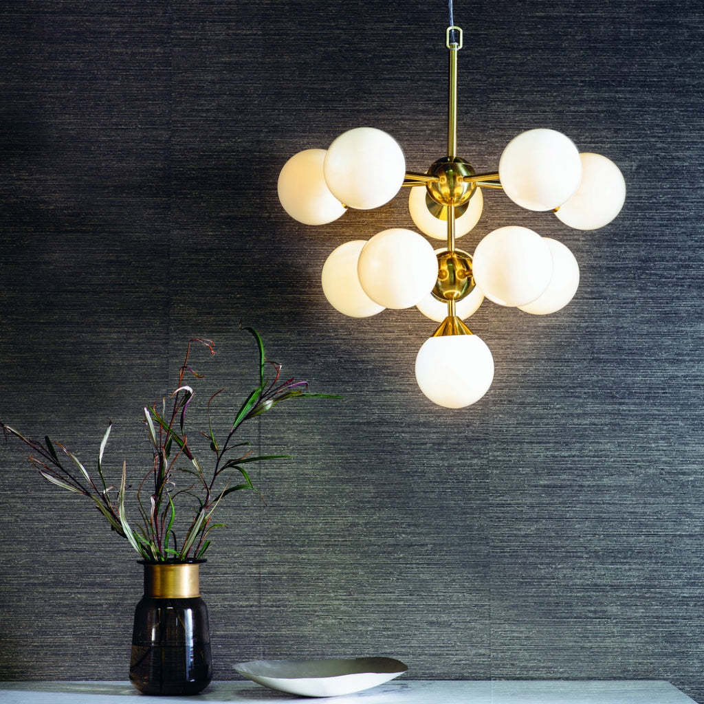 Endon Oscar 11 Light Pendant Light in Satin Brass with Gloss White Glass