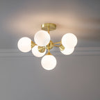 Endon Oscar 6 Light Semi Flush Ceiling Light in Satin Brass with Gloss White Glass