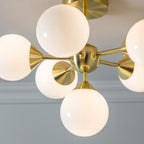 Endon Oscar 6 Light Semi Flush Ceiling Light in Satin Brass with Gloss White Glass