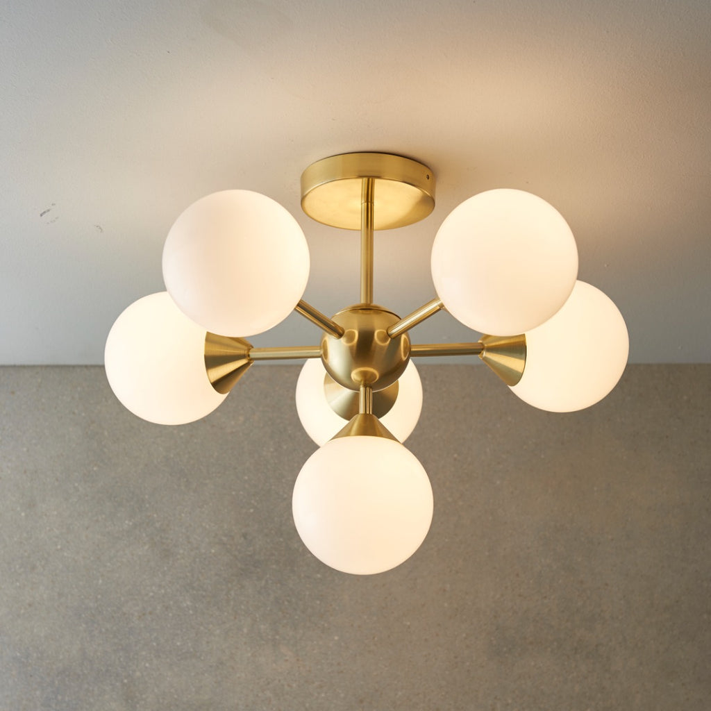 Endon Oscar 6 Light Semi Flush Ceiling Light in Satin Brass with Gloss White Glass
