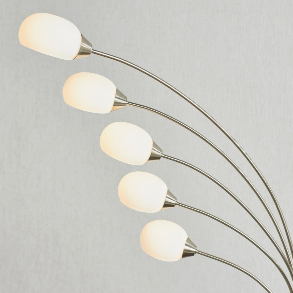 Endon Jaspa 5 Light Floor Lamp in Satin Nickel with White Glass