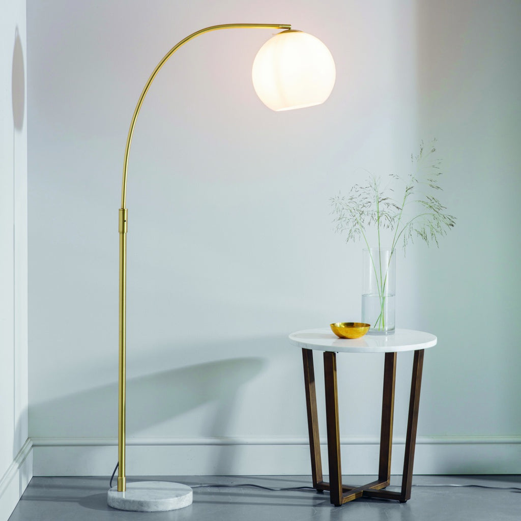 Endon Otto 1 Light Floor Lamp in Satin Brass with White/Grey Marble and Opal Glass