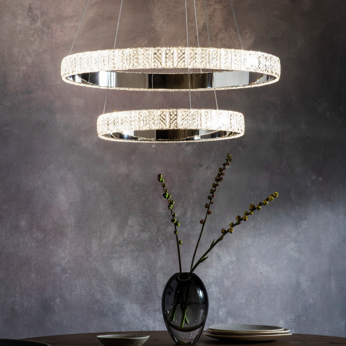 Endon Celeste 2 Ring LED Pendant in Polished Chrome and Clear Crystals