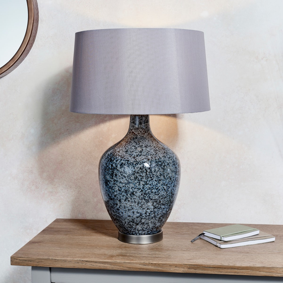 Endon Ilsa Table Lamp in Matt Nickel with Grey Black Painted Glass and Mink Fabric Shade