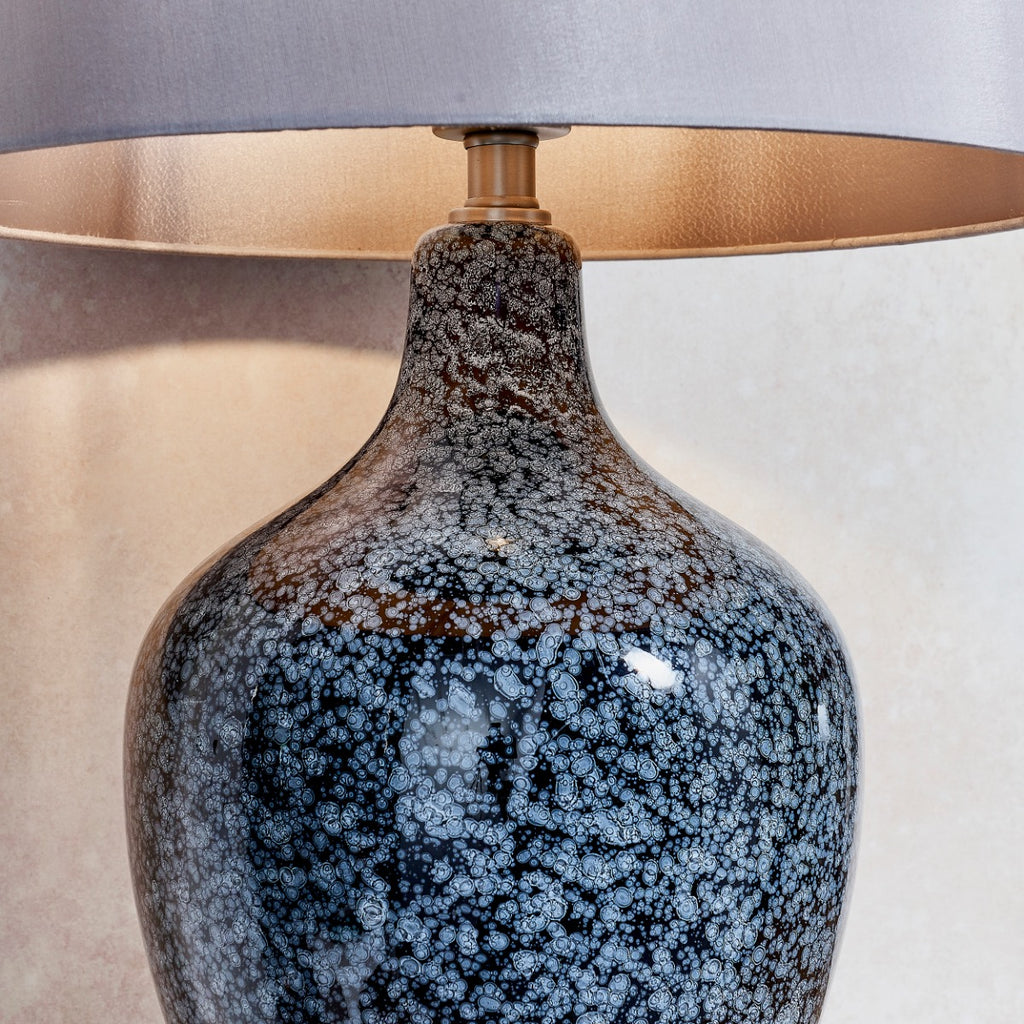 Endon Ilsa Table Lamp in Matt Nickel with Grey Black Painted Glass and Mink Fabric Shade