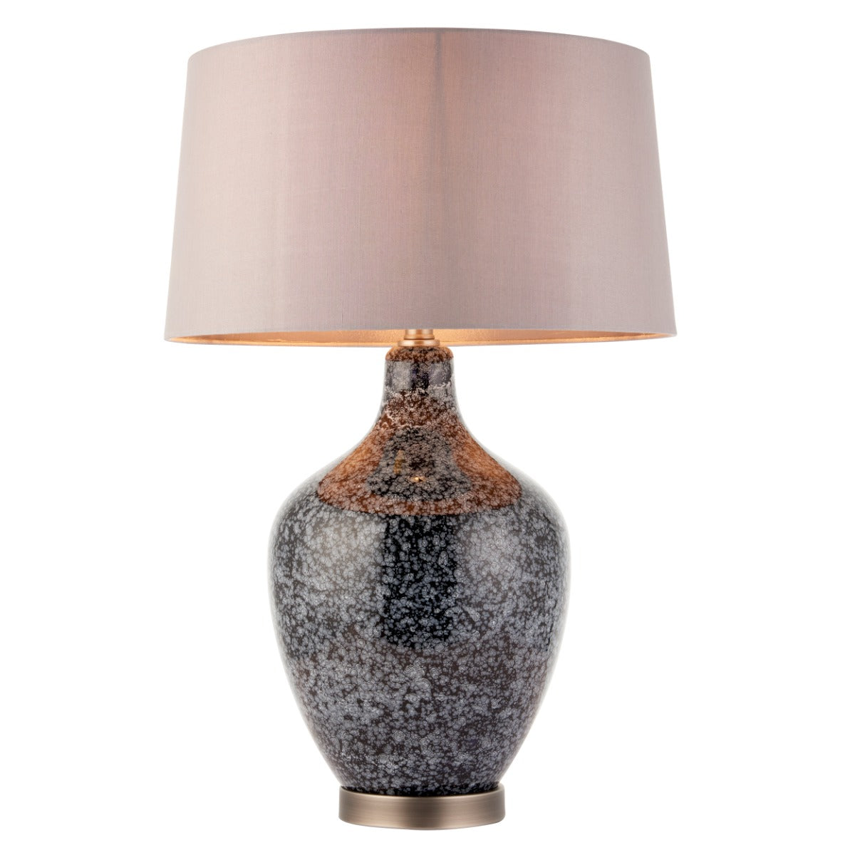 Endon Ilsa Table Lamp in Matt Nickel with Grey Black Painted Glass and Mink Fabric Shade