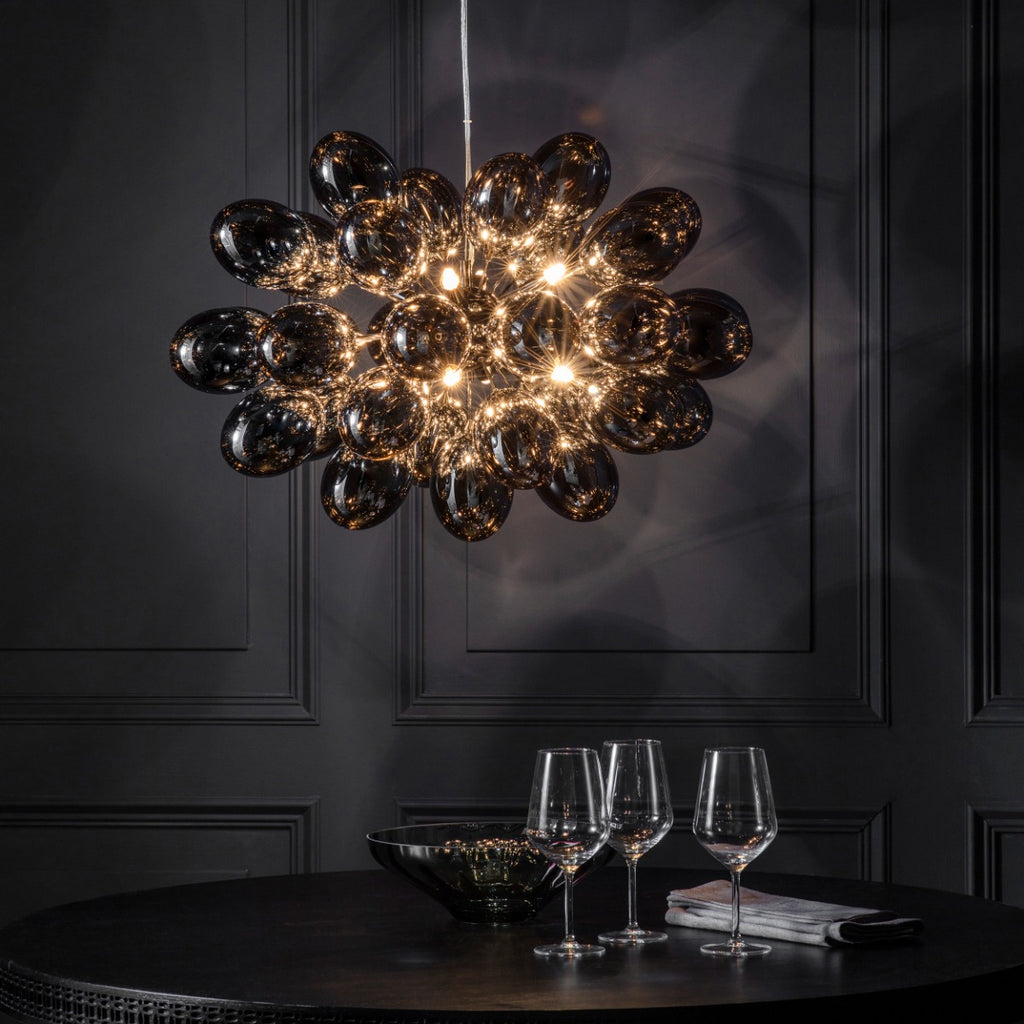 Endon Infinity 8 Light Pendant Light in Black Chrome with Dark Chromed Glass