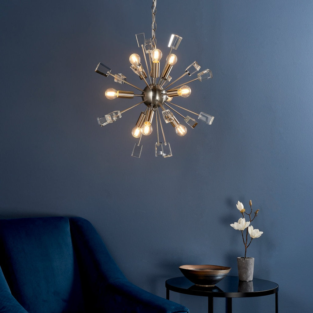 Endon Miro 9 Light Pendant Light in Satin Nickel with Clear Crystal
