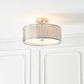 Endon Cordero 3 Light Flush Ceiling Light in Satin Nickel with White Fabric and Frosted Glass