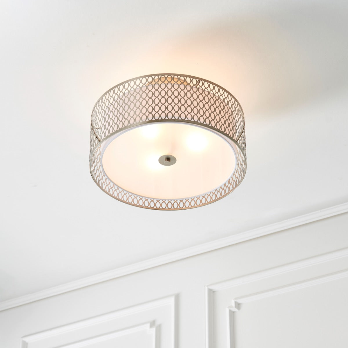 Endon Cordero 3 Light Flush Ceiling Light in Satin Nickel with White Fabric and Frosted Glass