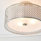 Endon Cordero 3 Light Flush Ceiling Light in Satin Nickel with White Fabric and Frosted Glass