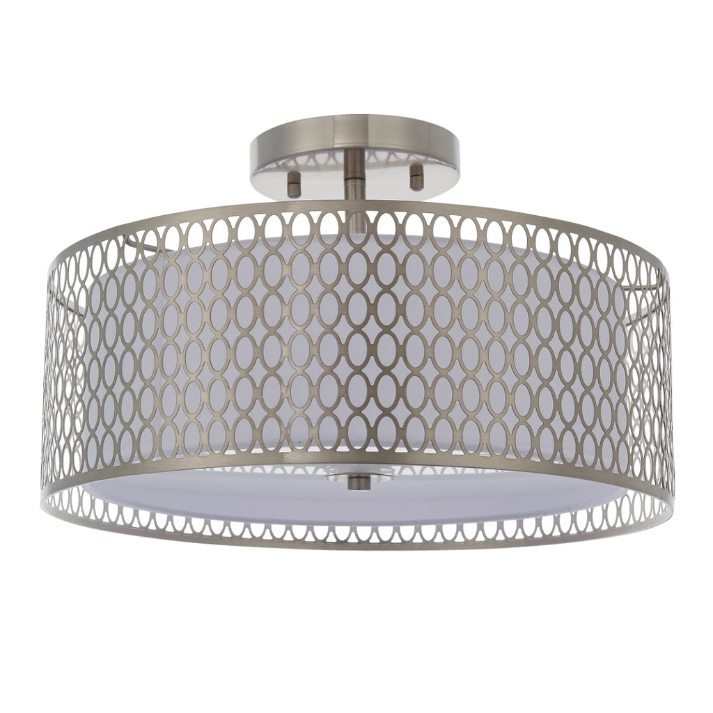Endon Cordero 3 Light Flush Ceiling Light in Satin Nickel with White Fabric and Frosted Glass