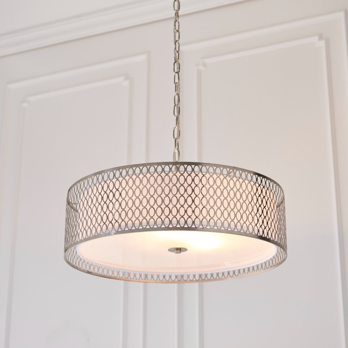 Endon Cordero 3 Light Pendant Light in Satin Nickel with White Fabric and Frosted Glass