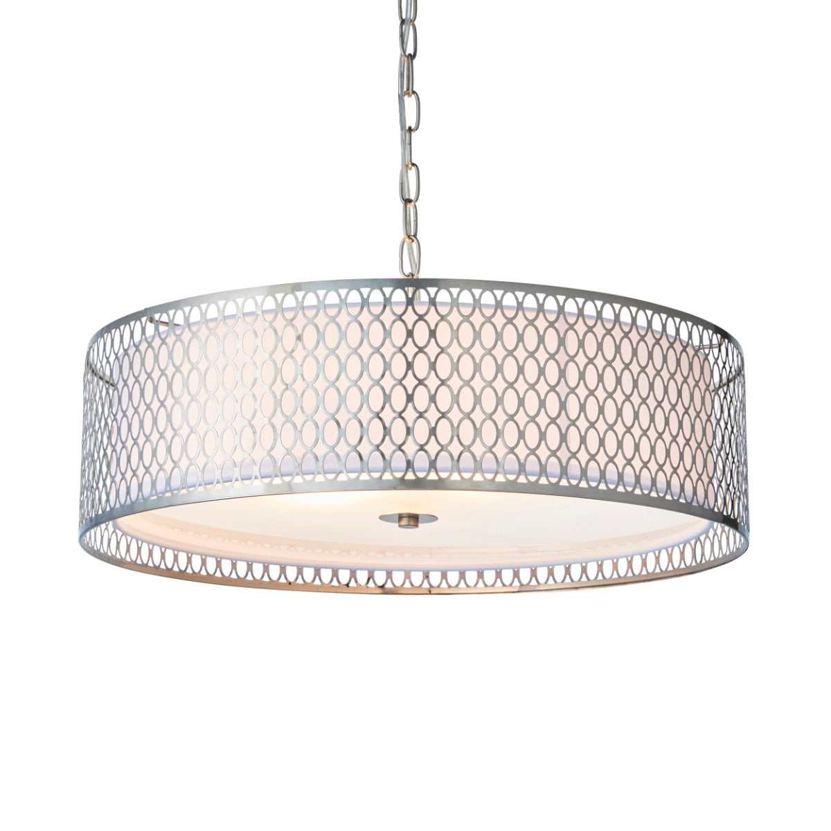 Endon Cordero 3 Light Pendant Light in Satin Nickel with White Fabric and Frosted Glass