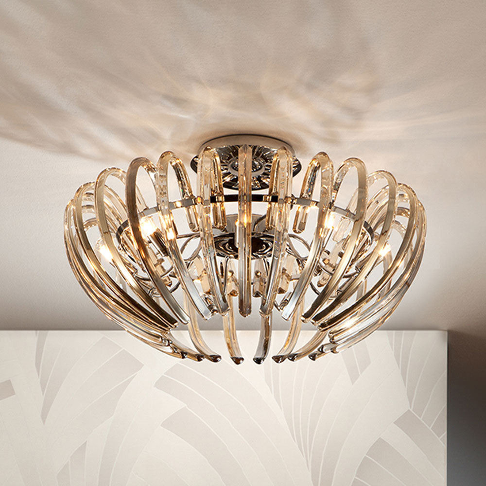 Schuller Ariadna 9 Light Flush Ceiling Light in Chrome with Champagne Glass Shade