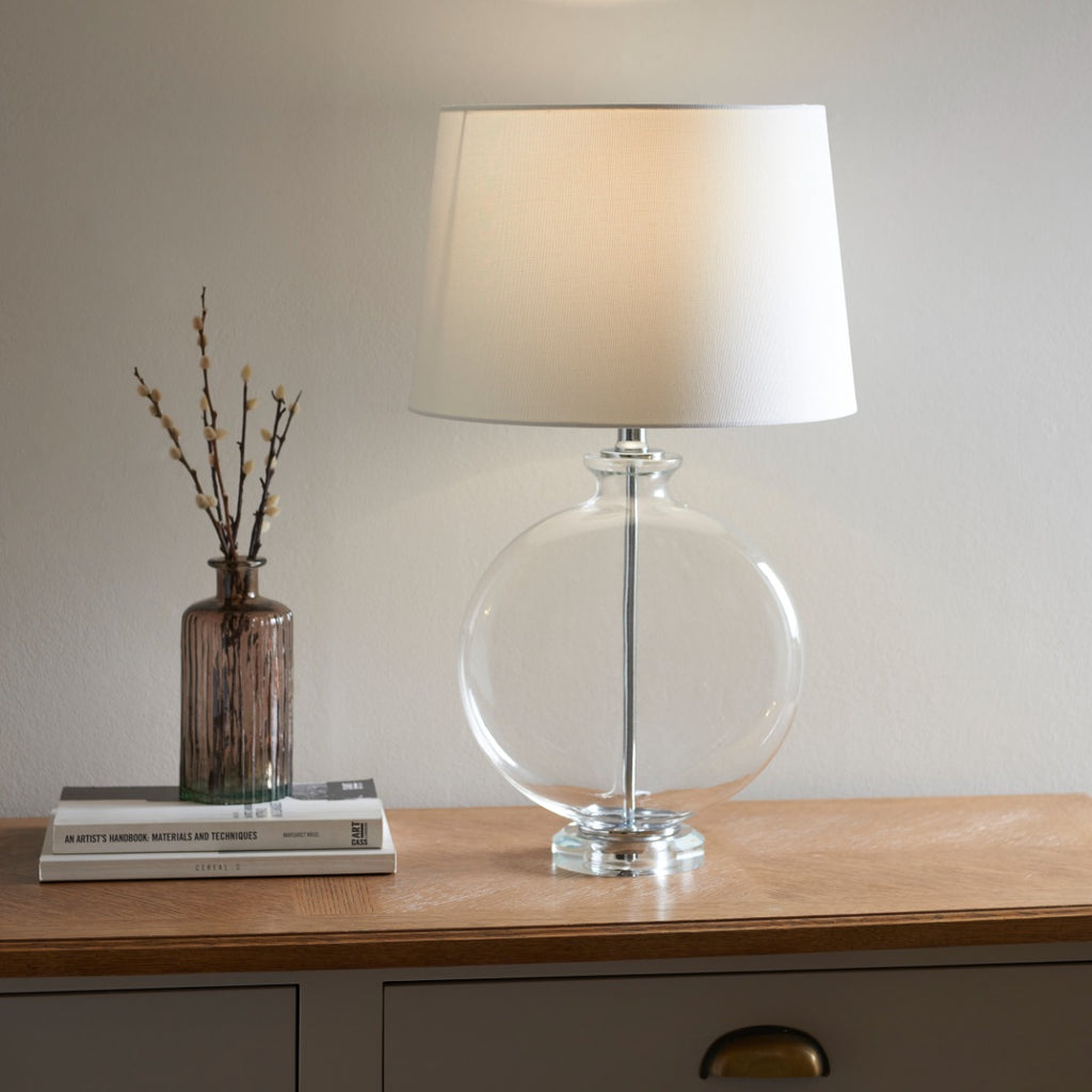 Endon Gideon Table Lamp in Nickel with Clear Glass and White Linen Fabric Shade