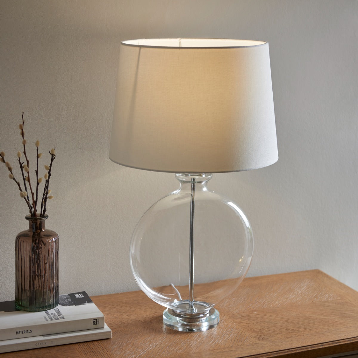 Endon Gideon Table Lamp in Nickel with Clear Glass and White Linen Fabric Shade