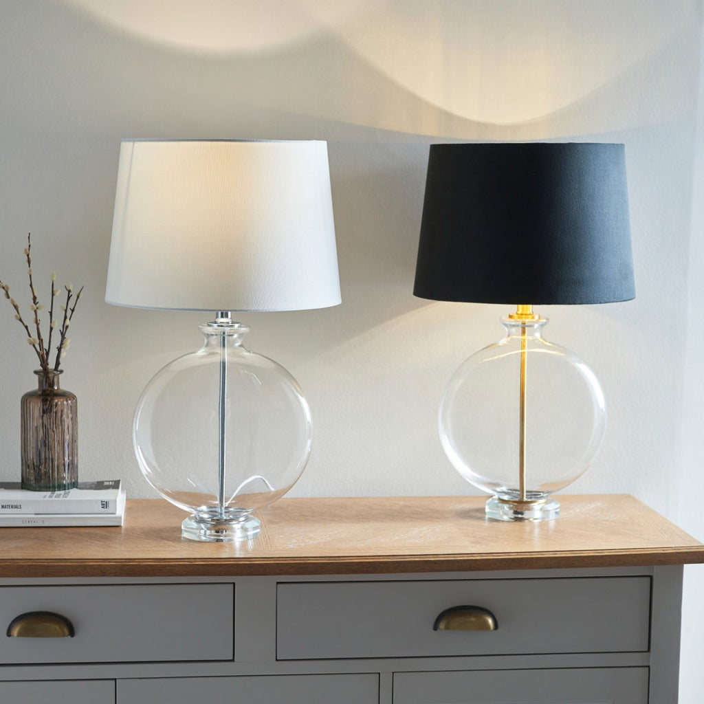 Endon Gideon Table Lamp in Nickel with Clear Glass and White Linen Fabric Shade