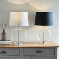 Endon Gideon Table Lamp in Nickel with Clear Glass and White Linen Fabric Shade
