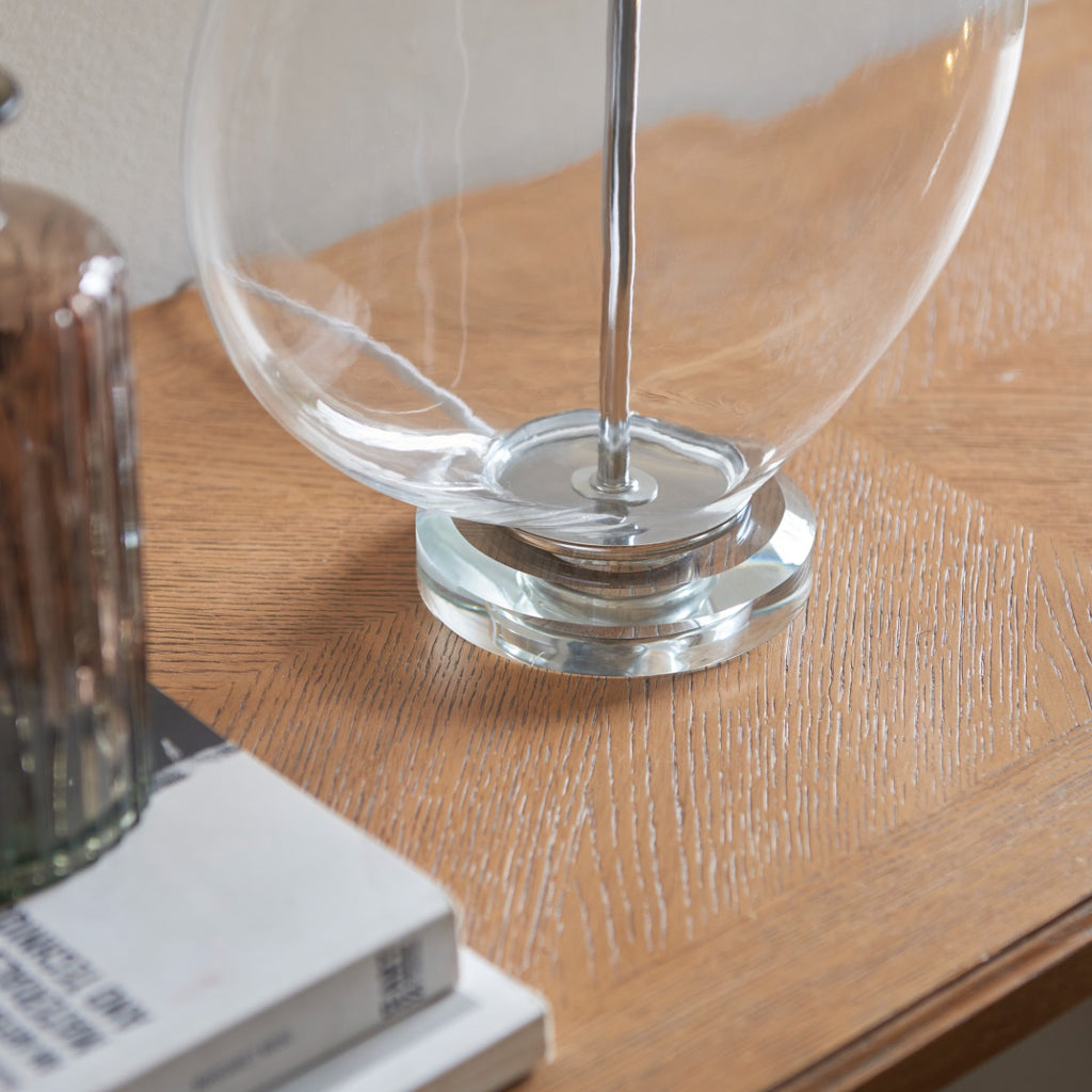 Endon Gideon Table Lamp in Nickel with Clear Glass and White Linen Fabric Shade