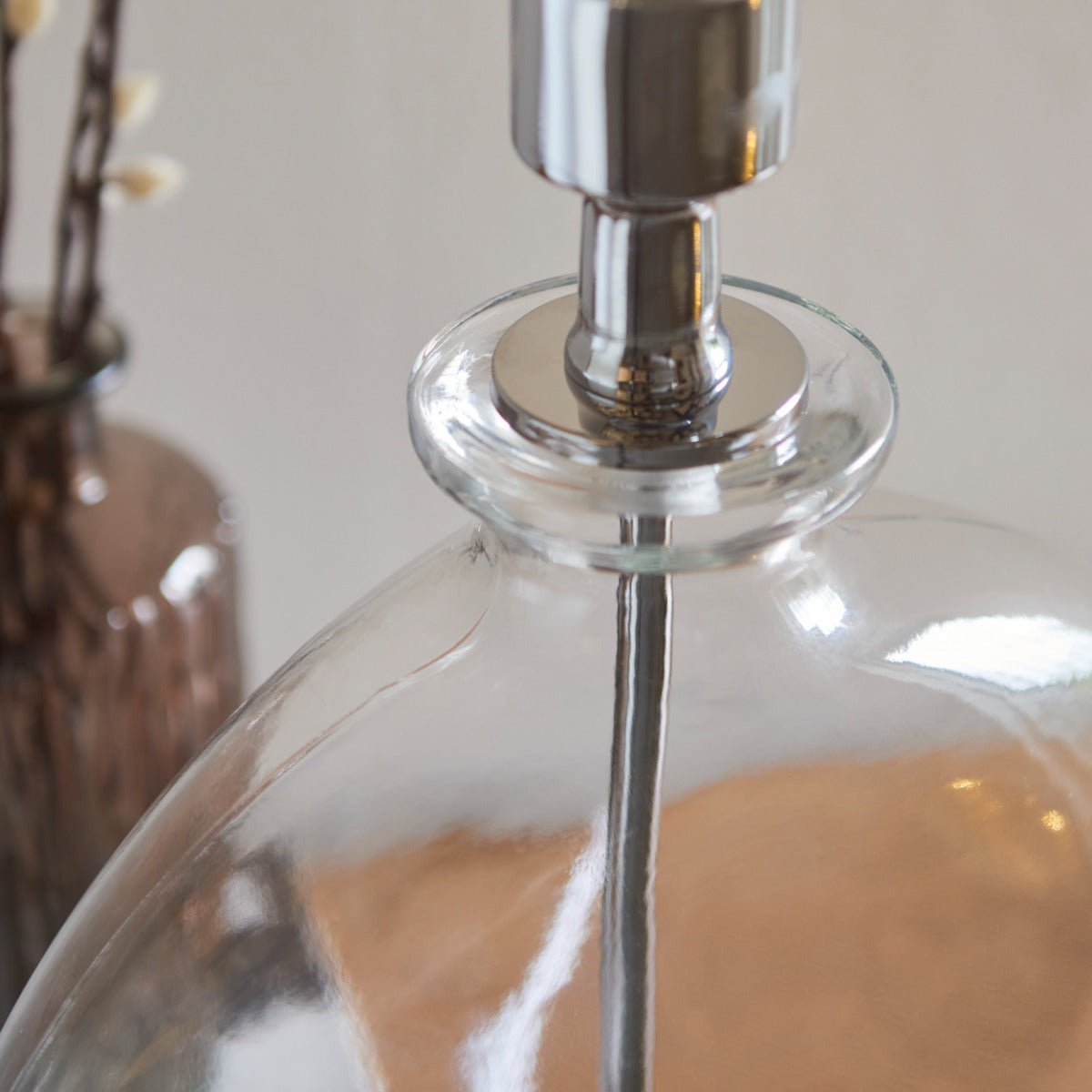 Endon Gideon Table Lamp in Nickel with Clear Glass and White Linen Fabric Shade