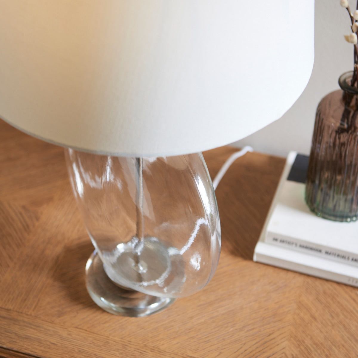 Endon Gideon Table Lamp in Nickel with Clear Glass and White Linen Fabric Shade
