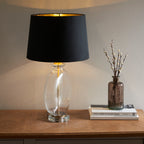Endon Gideon Table Lamp in Antique Brass with Clear Glass and Black Fabric Shade