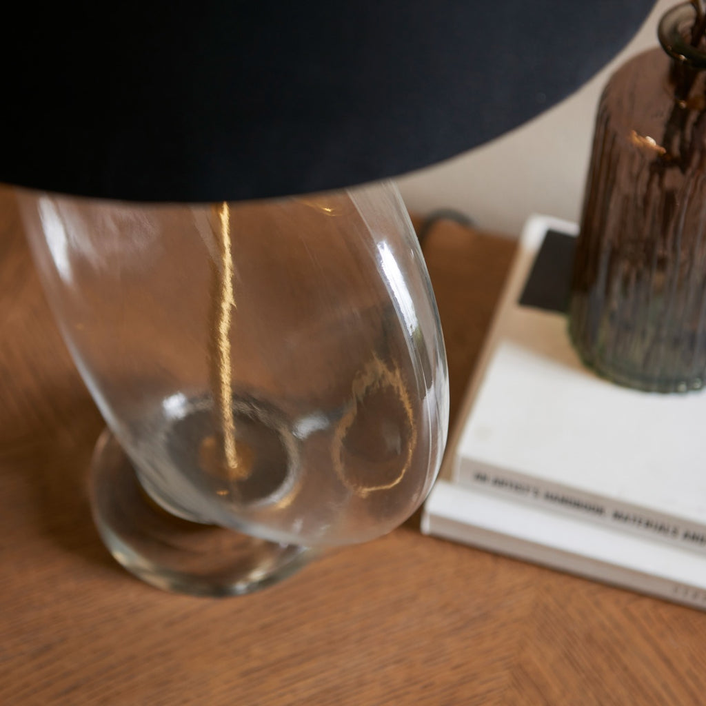 Endon Gideon Table Lamp in Antique Brass with Clear Glass and Black Fabric Shade