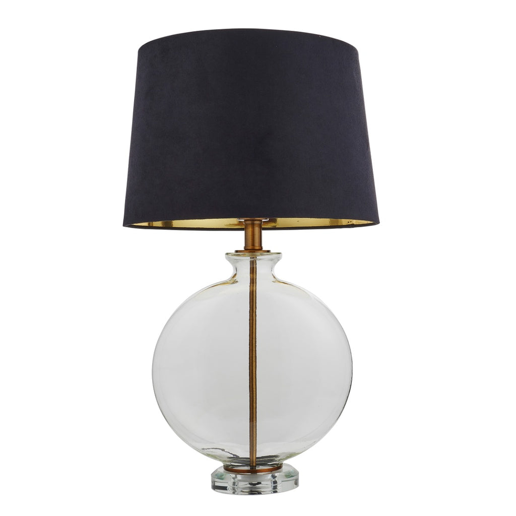Endon Gideon Table Lamp in Antique Brass with Clear Glass and Black Fabric Shade