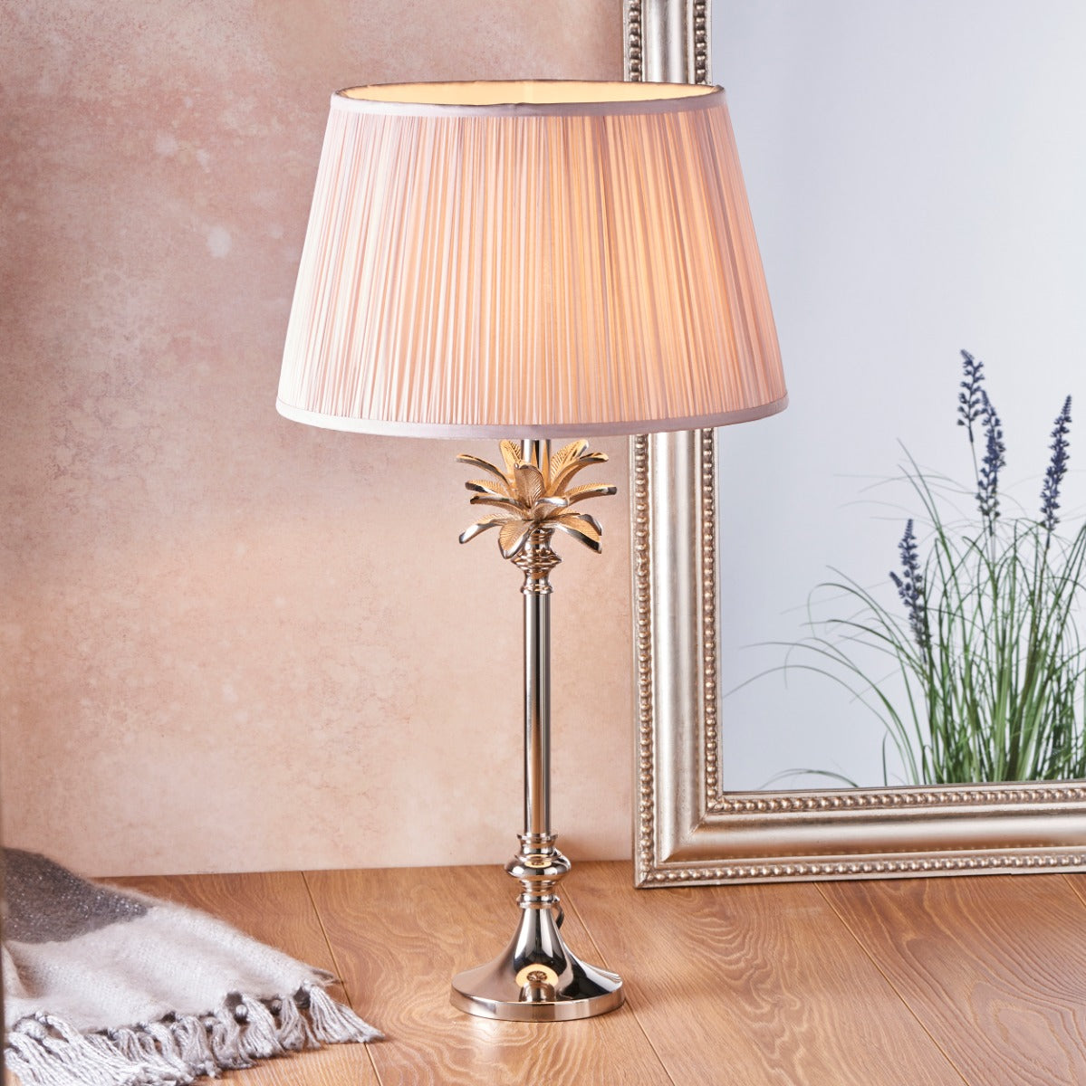 Endon Freya Table Lamp in Polished Nickel with Dusky Pink Silk Shade