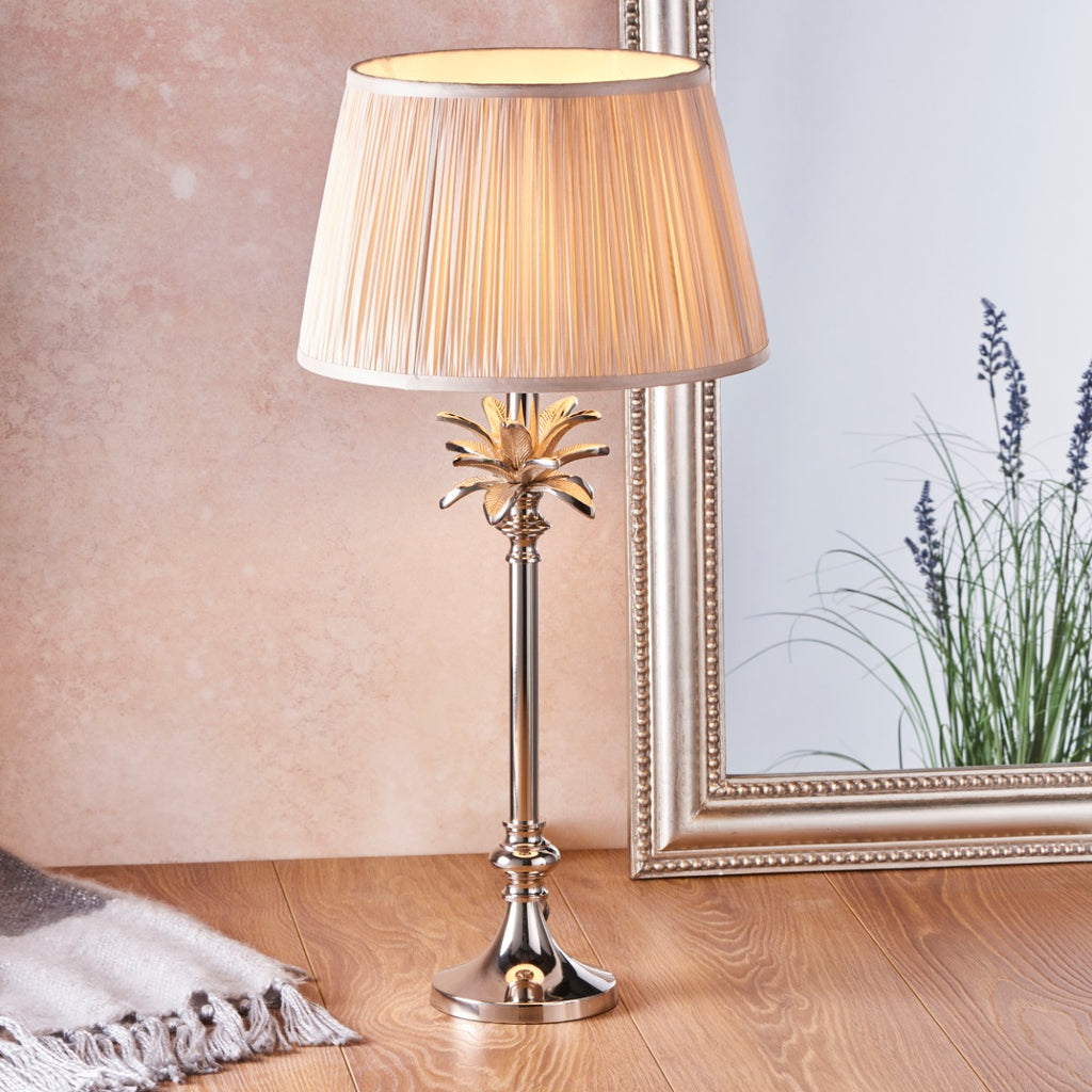 Endon Freya Table Lamp in Polished Nickel with Oyster Silk Shade