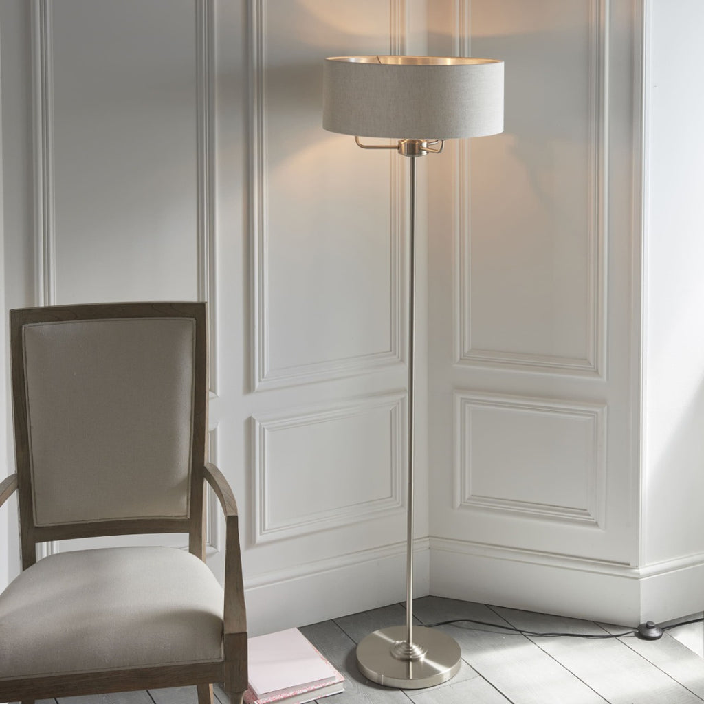 Endon Highclere 3 Light Floor Lamp in Brushed Chrome with Natural Linen Shade