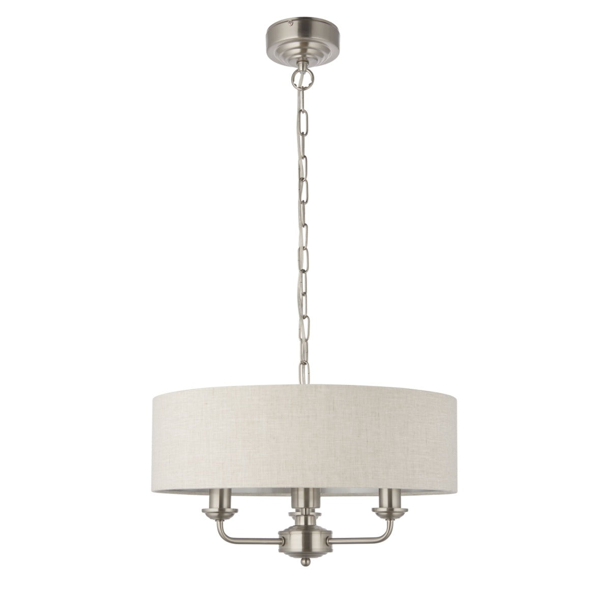 Endon Highclere 3 Light Pendant Light in Brushed Chrome with Natural Linen