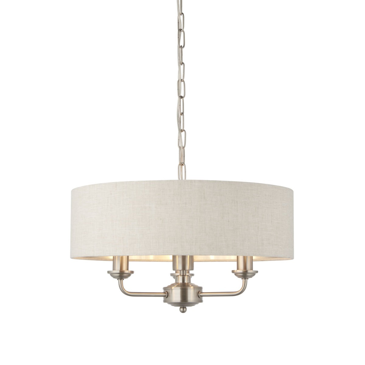 Endon Highclere 3 Light Pendant Light in Brushed Chrome with Natural Linen