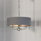 Endon Highclere Single Pendant Light in Bright Nickel Plate with Charcoal Fabric