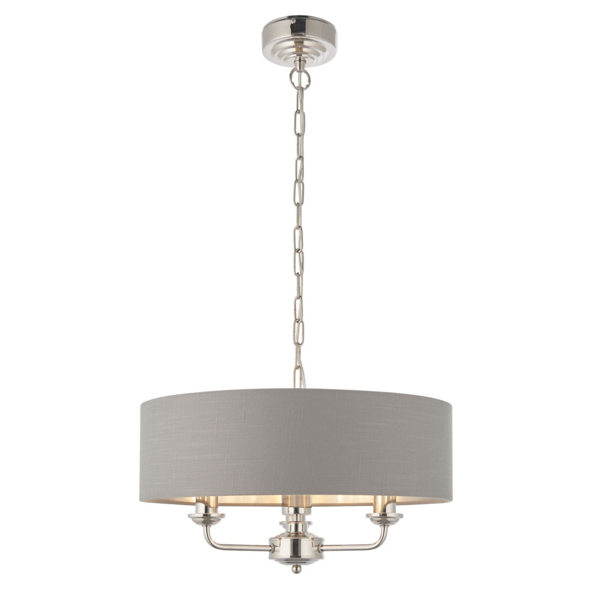 Endon Highclere Single Pendant Light in Bright Nickel Plate with Charcoal Fabric