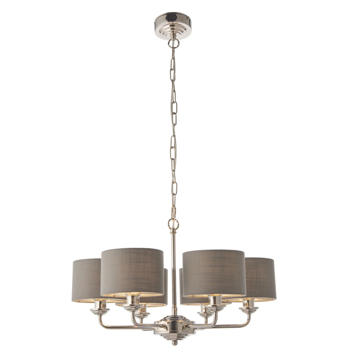 Endon Highclere 6 Light Pendant Light in Bright Nickel Plate with Charcoal Fabric