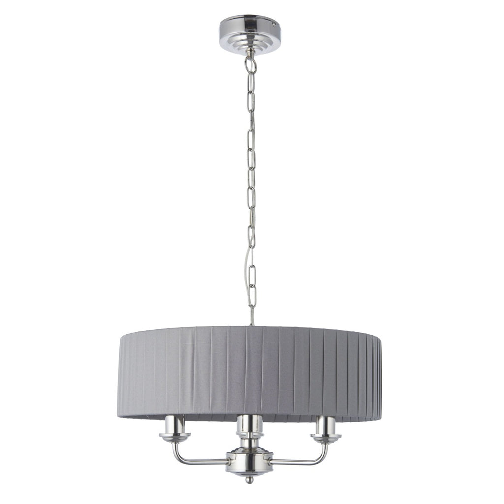 Endon Highclere 3 Light Pendant Light in Bright Nickel Plate with Charcoal Fabric