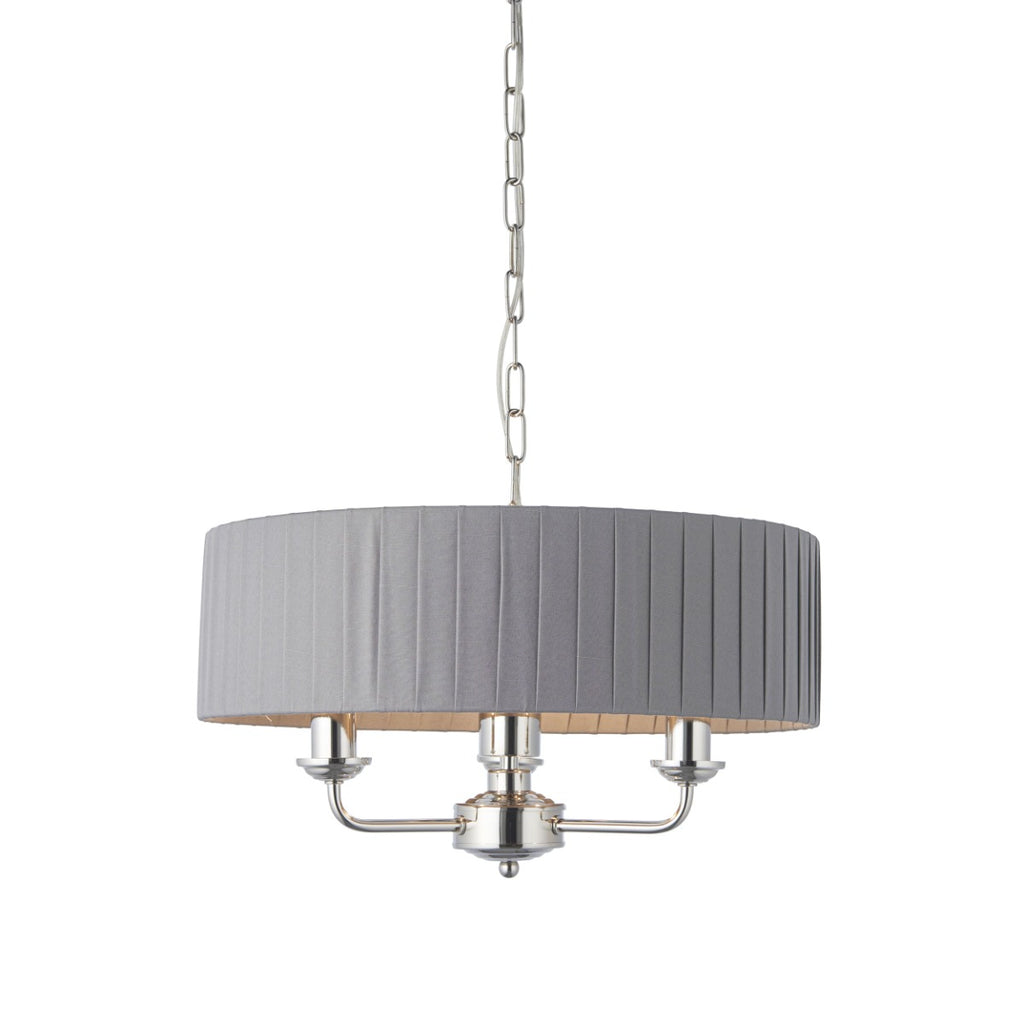 Endon Highclere 3 Light Pendant Light in Bright Nickel Plate with Charcoal Fabric