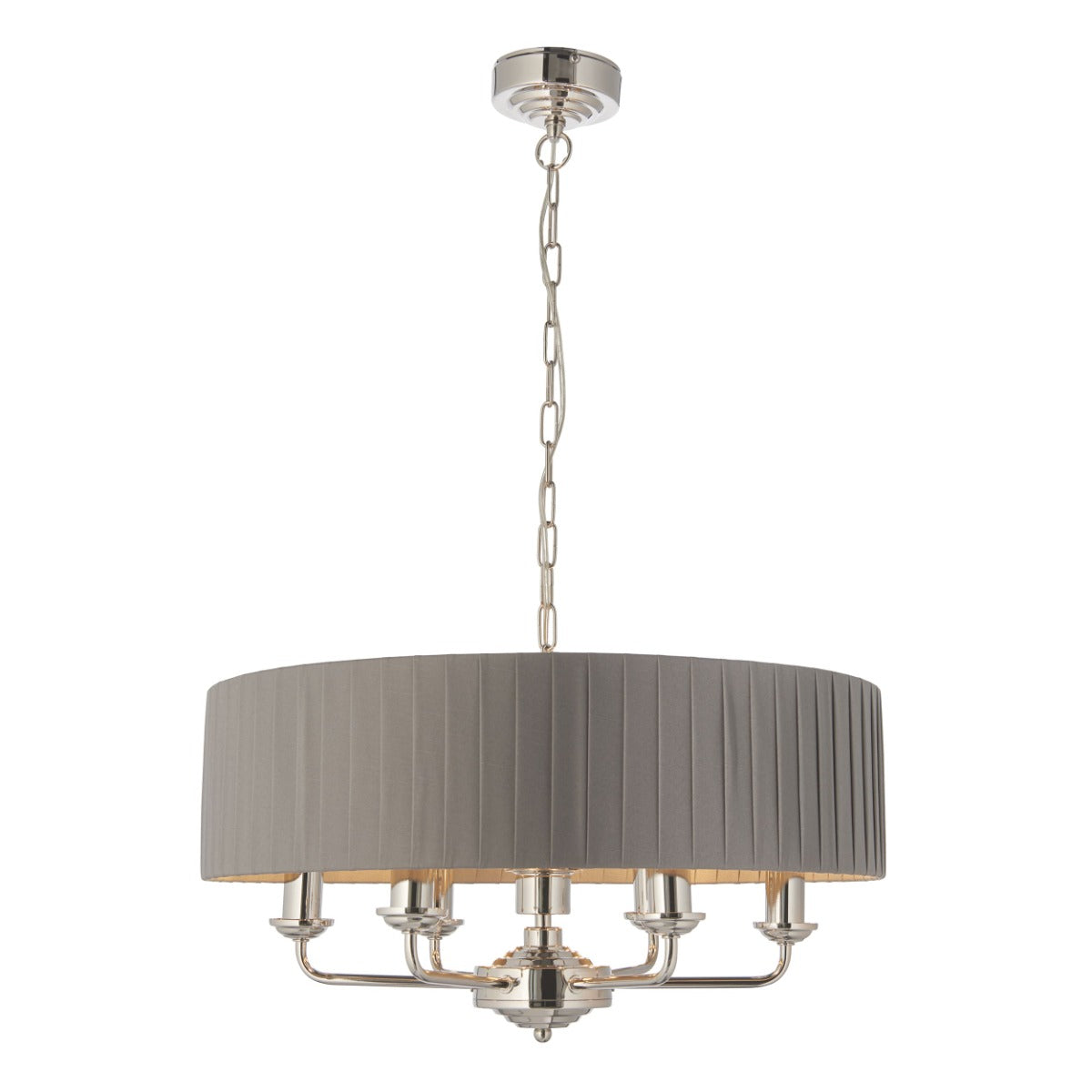Endon Highclere 6 Light Pendant Light in Bright Nickel Plate with Charcoal Fabric 60cm Chain