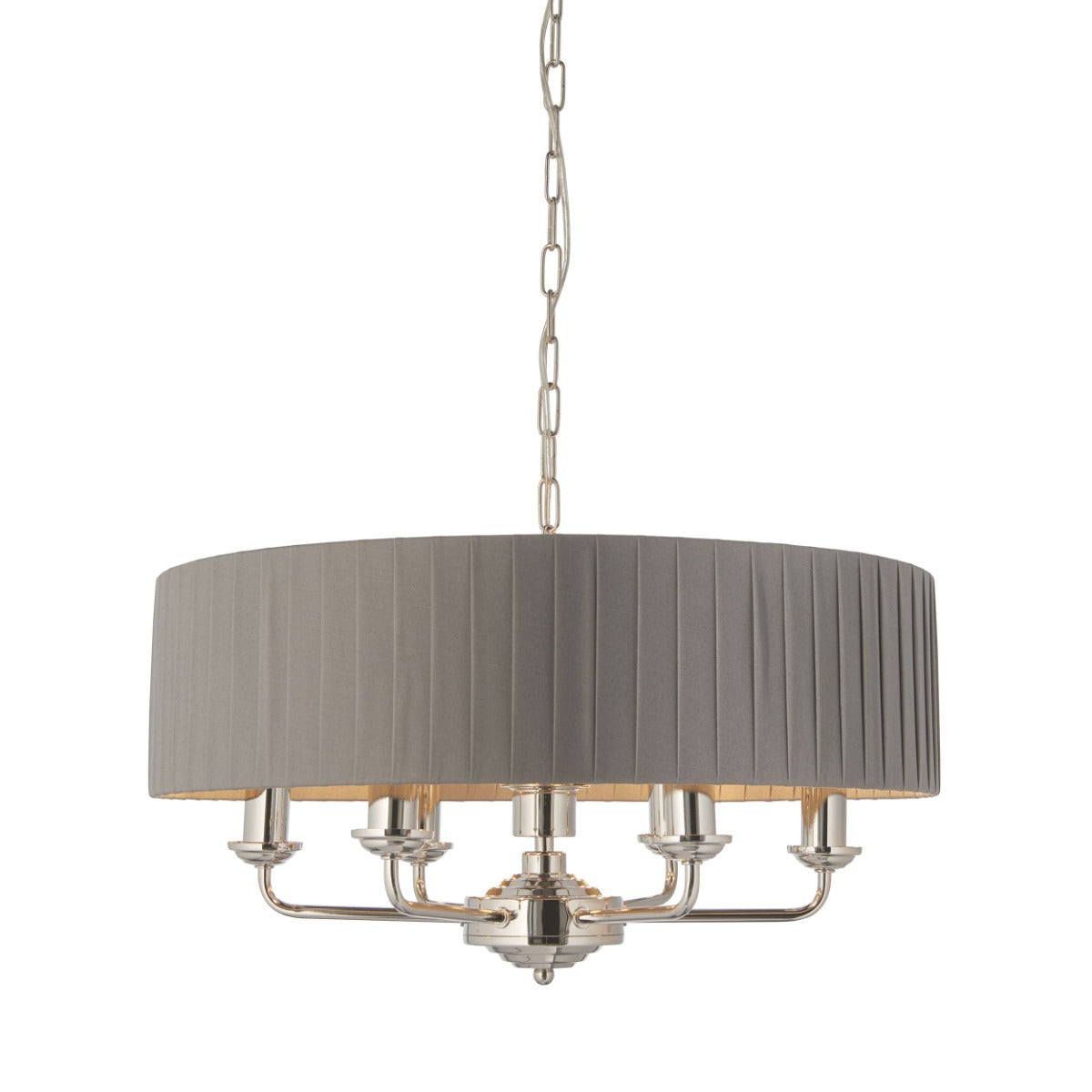 Endon Highclere 6 Light Pendant Light in Bright Nickel Plate with Charcoal Fabric 60cm Chain