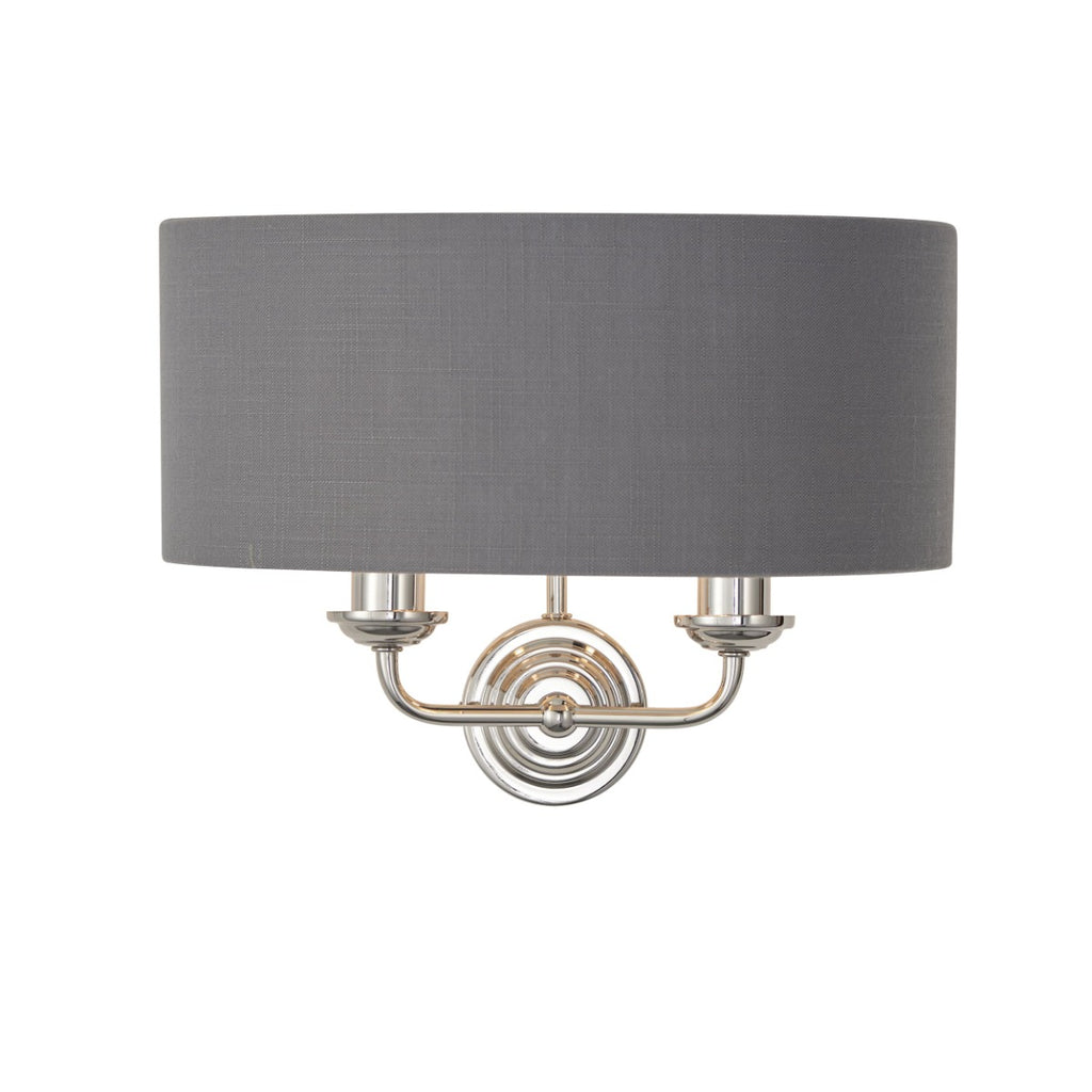 Endon Highclere 2 Light Wall Light in Bright Nickel Plate with Charcoal Fabric