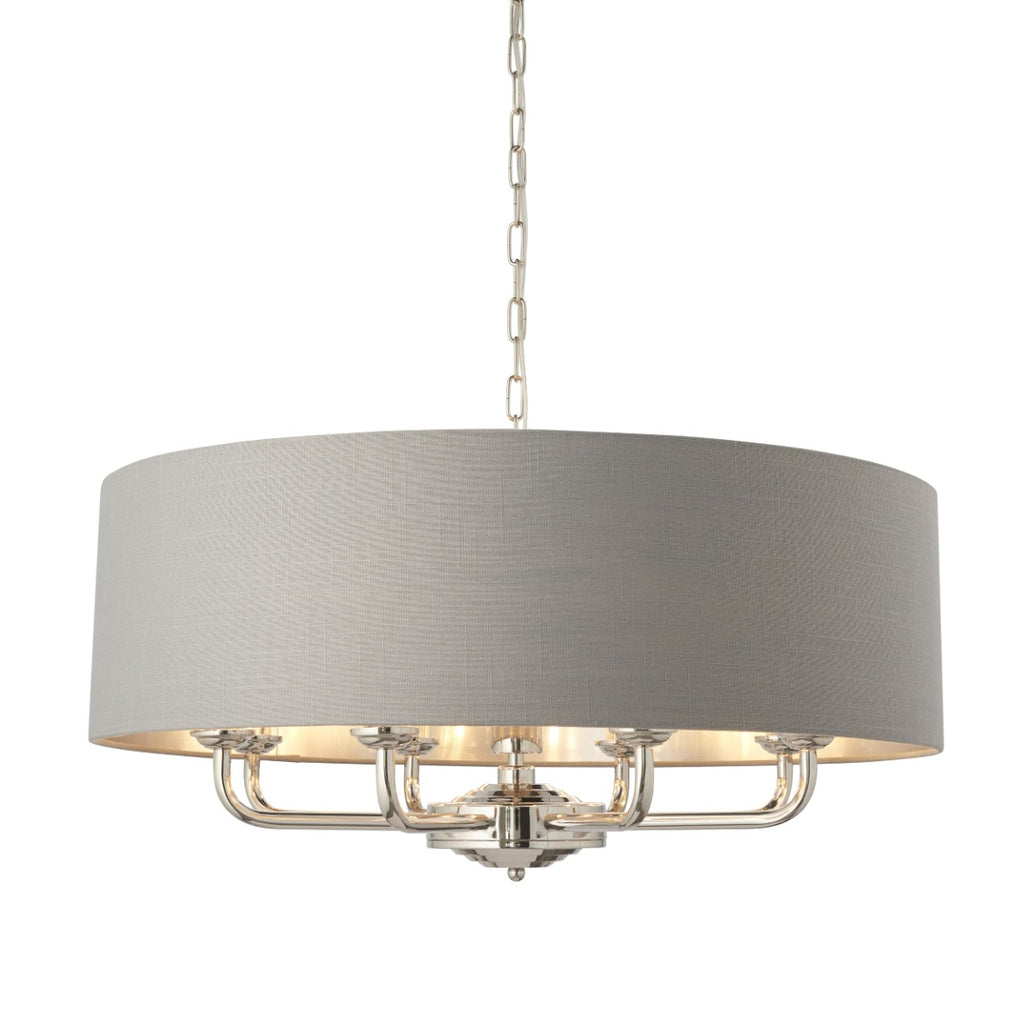 Endon Highclere 8 Light Pendant Light in Bright Nickel Plate with Charcoal Fabric